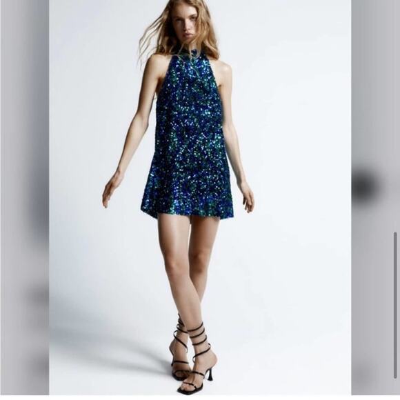 Zara Blue and Green SEQUIN HALTER DRESS - Picture 5 of 12